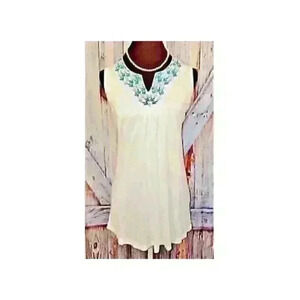 LUV 2 LUV Womans TUNIC Top Juniors Off White Cotton Lightweight Shirt size Lg